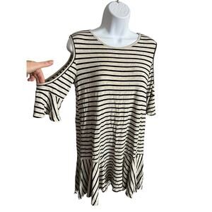 Her. Clothing gray black striped cold shoulder dress 1/2 flounce sleeve medium